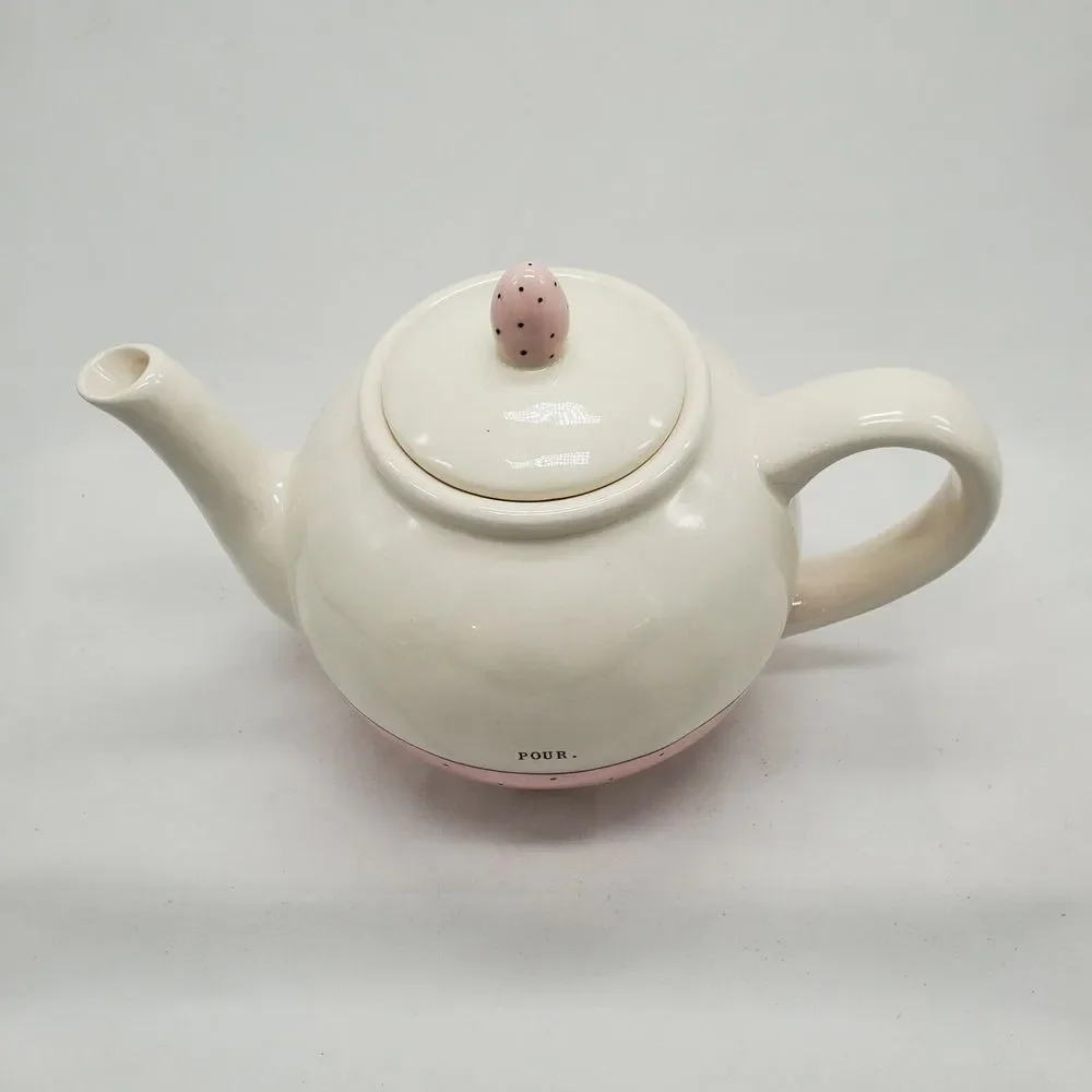 Rae‎ Dunn by Magenta POUR Teapot Polka Dot Pink Typewriter Font